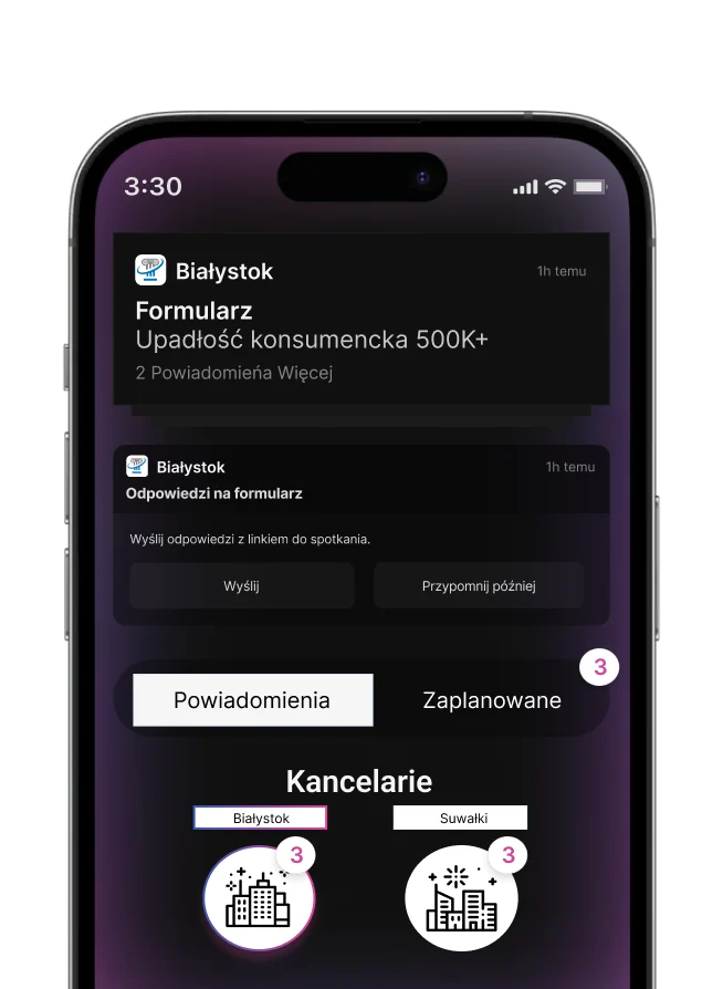 Aplikacja pokazuje powiadomienia oraz opcje dotyczące formularza związanego z upadłością konsumencką